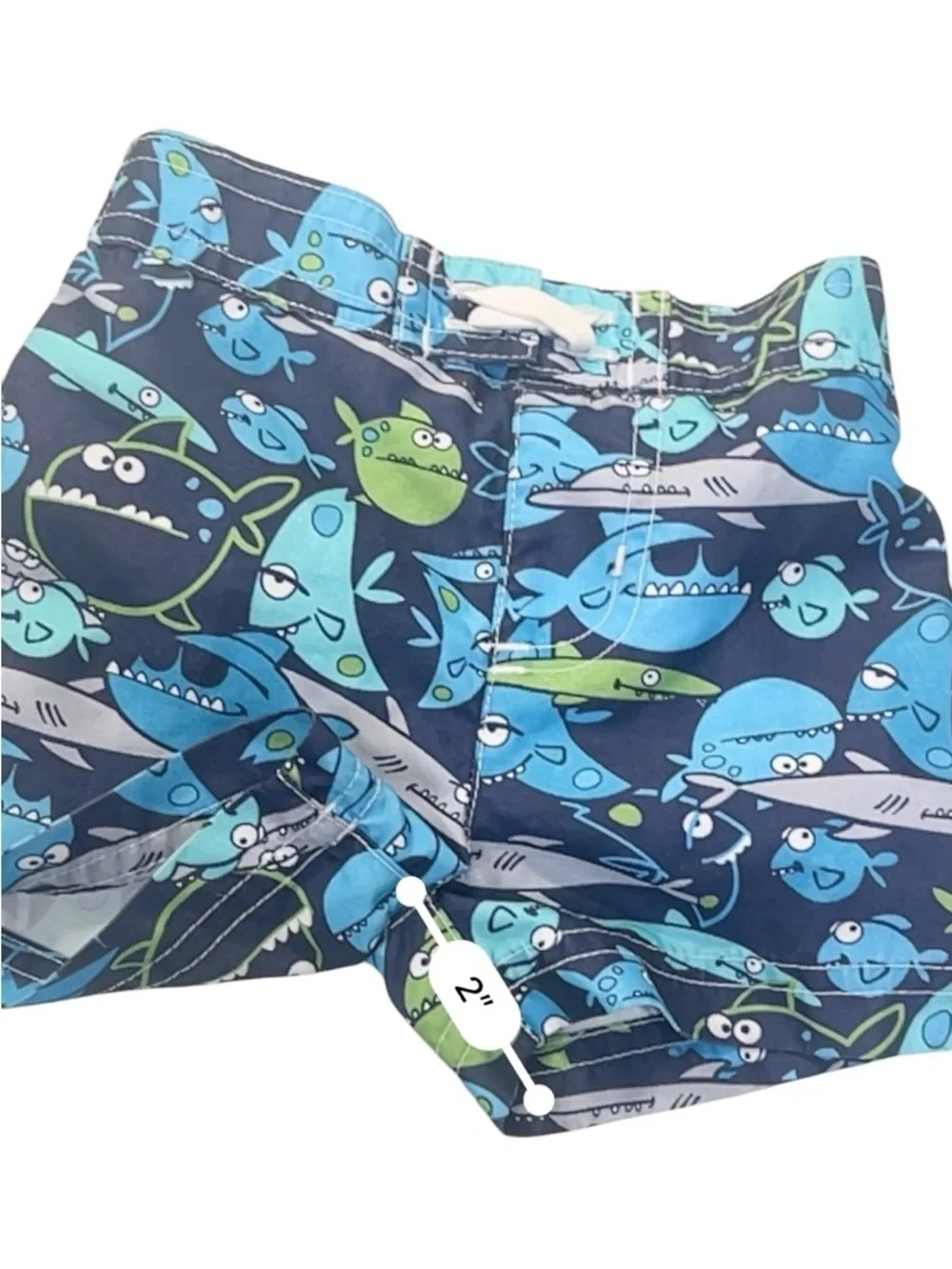 Boys Small Blue Shark Print Swim Trunks polyester lining pull-on elastic waist